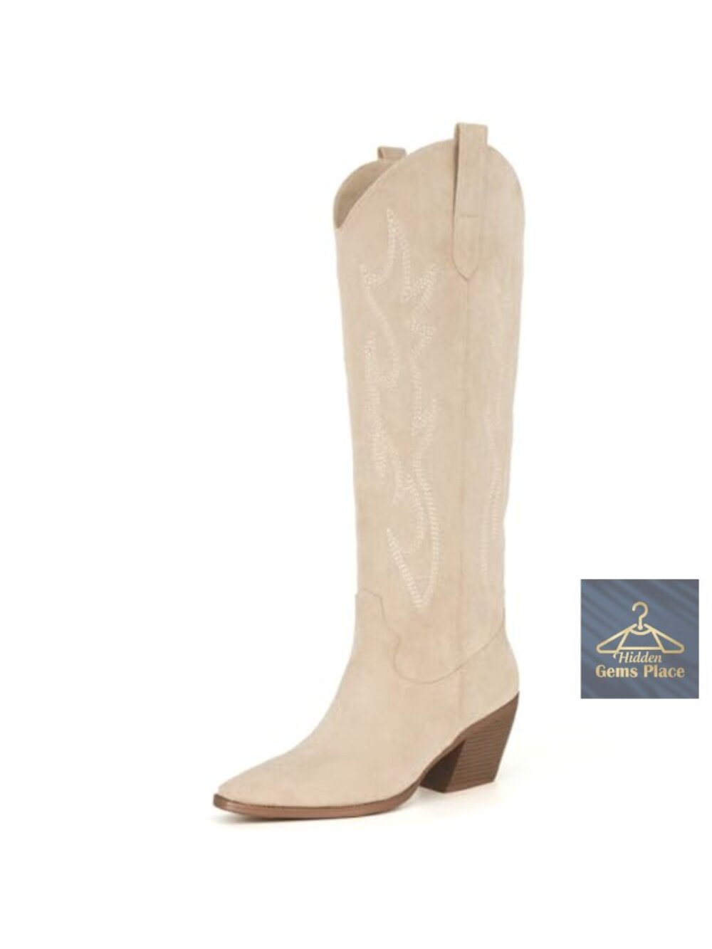 Women's Cowboy Knee High Boots Pointed Toe Block Heel Faux Suede Embroidered